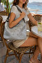 Women's Silver Pearl Detailed Straw Shoulder Bag Large Size Zippered Daily Summer Beach Bag - 4