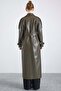 Long Leather Trench Coat with Epaulet and Cape Detail, Snap Closure, Khaki 6877 - 7