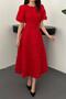 Women's Red Midi Rose Appliqué Balloon Sleeve Round Neck Lined Event Dress - 5