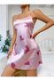 Women's Pink Satin Strap Fuchsia Heart Pattern Printed Nightgown 2217 - 5