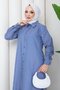 Women's Buttoned Navy Blue Striped Hijab Shirt Dress - 6