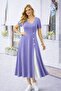 Women's Short Sleeve Asymmetrical Collar Button Detailed Midi Viscose Dress - 3