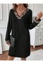 Women's Long Sleeve V-Neck Mini Imported Crepe Dress with Pulpayet Detail - 4