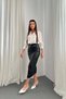 Women's Black Faux Leather Drawstring Detailed High Waist Slit Midi Pencil Skirt