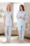 New Season Blue Lace Detailed Buttoned Design Short Sleeve 100% Cotton Maternity Maternity Dressing Gown Pajama Set 3-Piece Set - 4