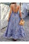Women's Rope Strap V-Neck Backless Halter Neck Long Patterned Single Jersey Dress - 4