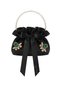 Black Cotton Satin Bag, Black Satin with Crystal Glass Stone Decorations and Pearl Handle, for Daily Use / Evening Wear