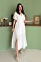 Women's White Double-Breasted Collar Belted Slit Short Sleeve Muslin Maxi Dress - 2