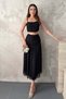 Women's Black Bottom - Top Set Suspender Lace Crop Blouse and High Waist Ruffle Long Skirt Set