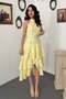 Women's Yellow Halter Neck Floral Embroidered Belted Layered Flounce Midi Dress - 2