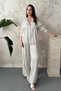 Women's Blue Top and Bottom Set Striped Satin Shirt Pants Set Elastic Waist Wide Leg - 2