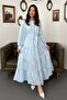 Women's Blue Maxi Shirt Collar Belted Striped Buttoned Layered Dress