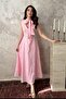 Women's Pink Embroidered Halter Neck Belted Buttoned Midi A-Line Dress