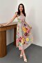 Women's Blue Floral Patterned V-Neck Waist-Tie Backless Midi Dress
