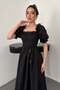 Women's Black Gipeli Brode Midi Dress Square Collar Balloon Sleeve Lace-Up A-Line - 3