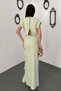 Women's Mint Dress with Flounces, Slits, Draped Waist Detail, Maxi Satin Dress - 5