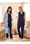 New Season Navy Blue Patterned Buttoned Design Lace Detailed Wide Strap Maternity Pajama Set 3-Piece Set - 8