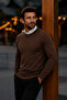 Men's Basic Winter Long Brown Sweater - 5