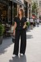 Women's V-Neck Double Buttoned Waist Belt Detailed Wide Leg Pocketed Trouser Suit - 2