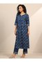 Blue Printed Cotton Straight Kurta, Trousers and Dupatta Set - 3