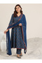 Navy Blue Printed Cotton A-Line Kurta, Trousers and Dupatta Set - 2