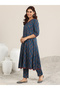 Navy Blue Printed Cotton A-Line Kurta, Trousers and Dupatta Set - 3