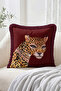 Set of 4 Fringed-Tasseled Throw Pillow Covers with Leopard and Cheetah Figures and Burgundy Pink Striped Design - 6