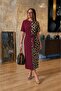 Women's Short Sleeve Crew Neck Long Viscose Dress with Leopard Detail on One Side - 2
