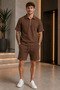 Premium Ribbed Ottoman Fabric Zipper Detailed Polo Collar Unisex T-Shirt and Shorts Set Women's and Men's Set - 3