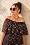 Women's Brown Plus Size Polka Dot Pattern Off Shoulder Bottom Pleated Waist Elastic Lined Woven Chiffon Long Dress - 2