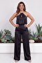 Halter Neck Beaded Accessory Satin Blouse Wide Leg Pants Double Set 7016