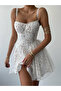 Women's White Mini Dress with Straps, Square Collar, Floral Pattern, Tulle Skirt, Corset Look - 4