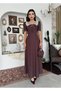 Women's Coffee Polka Dot Bow Detailed Lace Square Neck Balloon Sleeve Midi Dress - 7