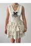 Women's White Polka Dot Ruffled V-Neck Brooch Detailed Mini Dress - 3