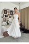 Women's Ecru Strapless Midi Dress with Gathered Waist Detail Chiffon Atlas Evening Dress - 6