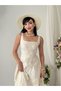 Women's Beige Floral Detailed Square Neck Strap Waist-Fitted Midi Dress - 2