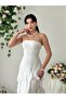 Women's Ecru Strapless Collar Flounce Slit Detailed Long Evening Dress - 3
