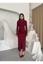 Women's Burgundy High Neck Long Sleeve Gathered Slit Midi Pencil Dress - 6
