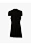Sandy Fabric High Collar Short Sleeve Window Detail Mini Stoned Evening Dress - 4