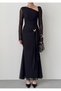 Women's Black Asymmetrical Collar Draped Brooch Detailed Tulle Long Sleeve Midi Dress - 2