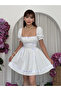 Women's White Mini Dress Square Collar Balloon Sleeve Bow Detail Poplin