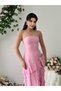 Women's Pink Strapless Collar Flounce Slit Detailed Long Evening Dress - 2