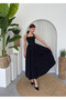 Women's Black Halter Neck Square Neck Shirred Skirted Poplin Midi Dress - 4
