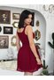 Women's Burgundy Lace Mini Dress with Square Collar, Straps, Waist Fit, and Flared Skirt - 5