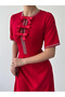 Women's Red Midi Dress with Stone Bow Detail, Crew Neck, Short Sleeves - 7