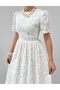 Women's Ecru Midi Dress with Crew Neck, Floral Embroidery, Gathered Short Sleeves - 8