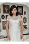 Women's White Lace Long Dress with High Collar, Short Sleeves, Fitted Waist, and Flared Skirt - 5
