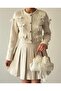 Women's Ecru Jacket-Skirt Set with Bow and Buttons, Pleated Mini Textured Two-Piece Set - 2