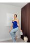 Women's Cobalt Blue Strapless Sweetheart Neck Corset Look Peplum Crop Blouse - 2