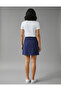 100% Cotton Corduroy Mini Navy Blue Skirt with Snap Closure - 2